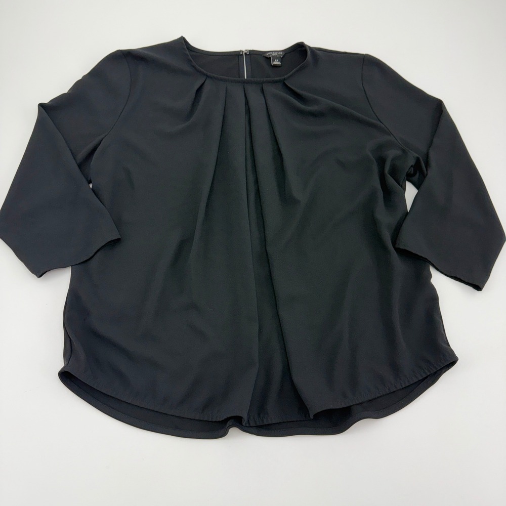 Ann Taylor Petite Black Blouse Women's Pleated Neck 3/4 Sleeve Career Top